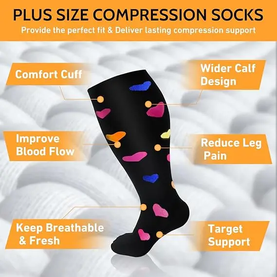 AliExpress 2XL-4XL Plus Size Compression Socks for Women Men 20-30 MMHg Wide Calf Extra Large Knee High Flight Sock for Circulation Support, view 3