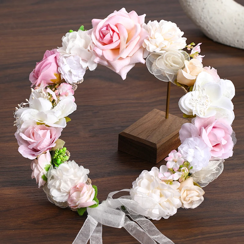 AliExpress 3 Design Artificial Flower Wreath Bride Women Flower Crown Hair Band Wedding Floral Headband Garland Ribbon Girl Hair Accessorie
