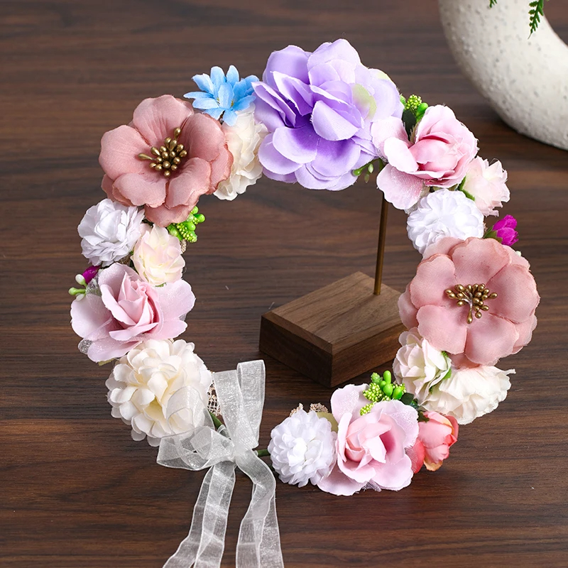AliExpress 3 Design Artificial Flower Wreath Bride Women Flower Crown Hair Band Wedding Floral Headband Garland Ribbon Girl Hair Accessorie, view 2