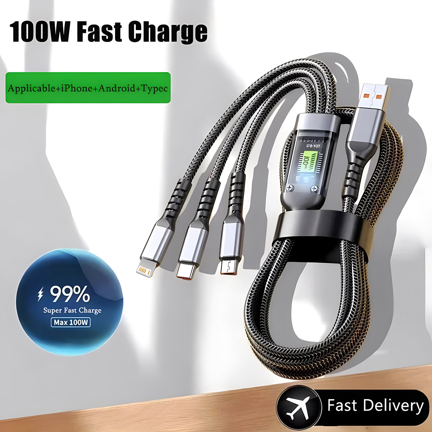 AliExpress 3-in-1 100W USB-A Fast Charging Cable, view 5
