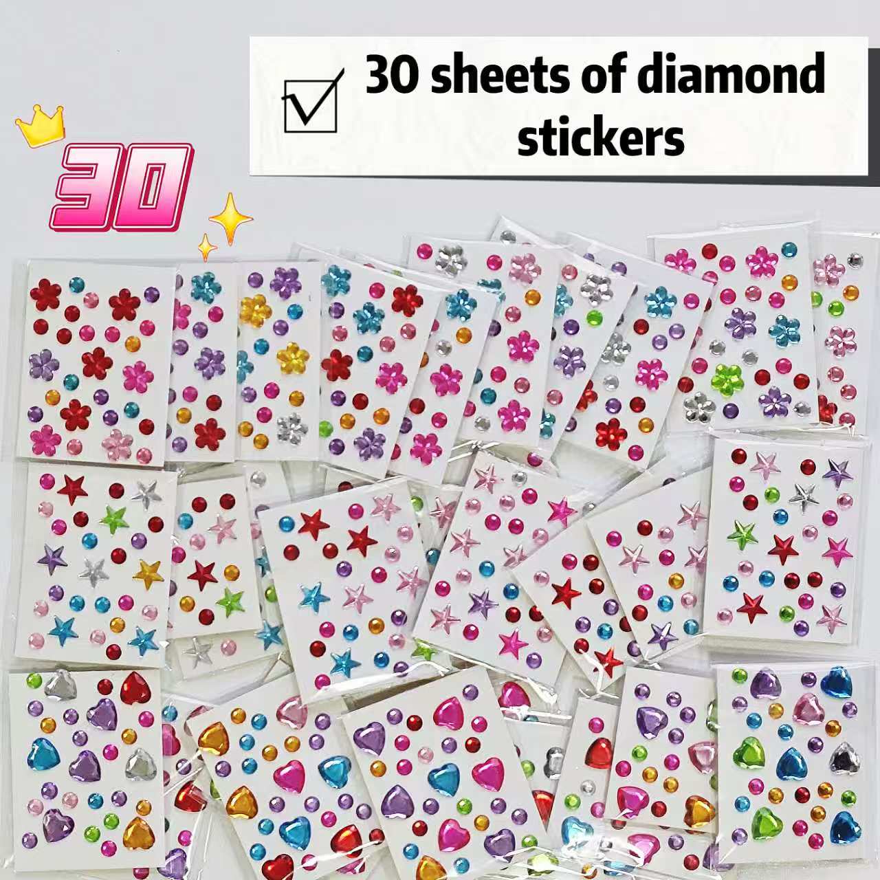 AliExpress 30 Style Wholesale Colorful Diamond Mini Sticker Accessories DIY Acrylic Three-Dimensional Decoration Children's and Students', view 3
