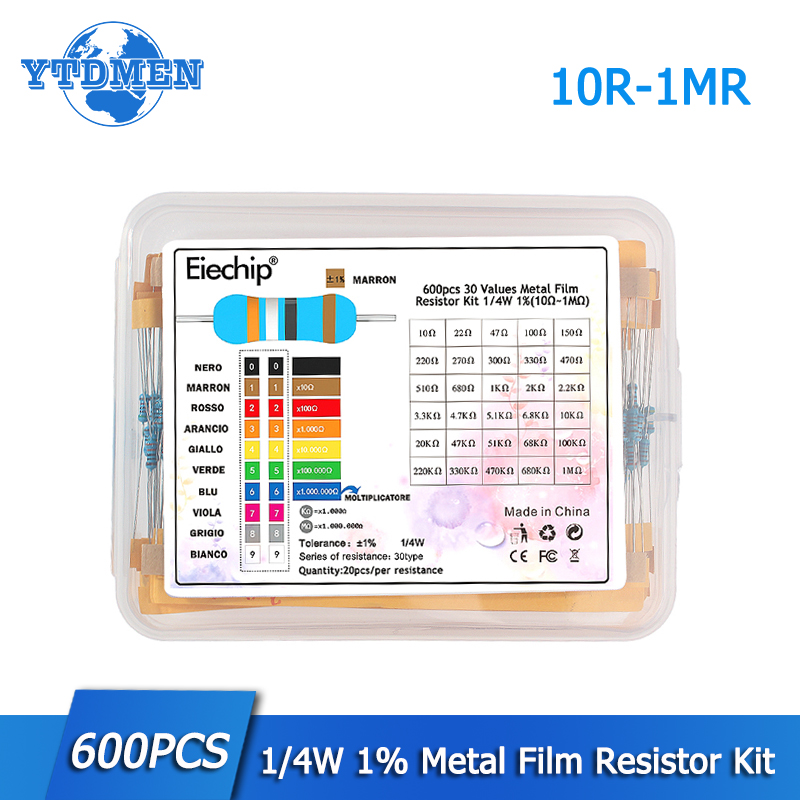 AliExpress 300/600PCS 1/4W Metal Film Resistor Kit Resistance 1% 30 values 10 Ohm ~1M 0.25w Resistors Set