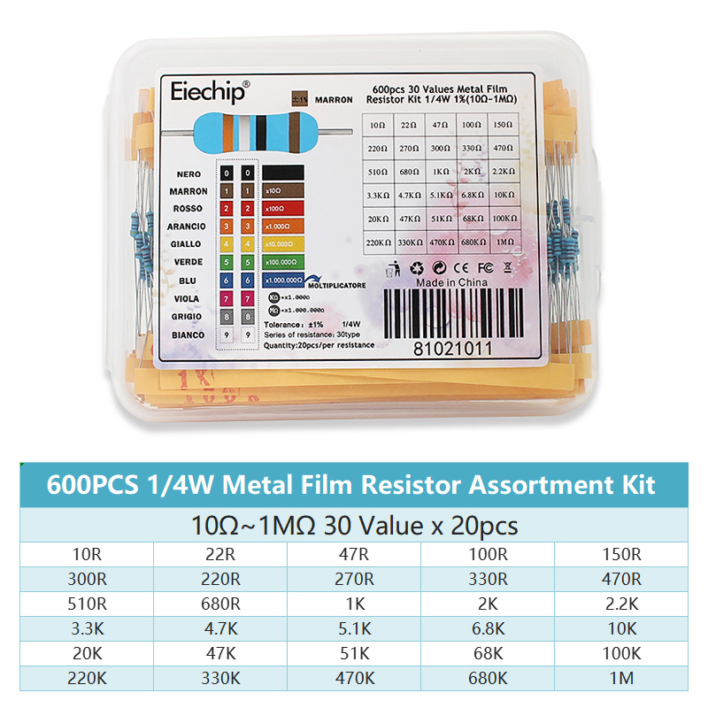 AliExpress 300/600PCS 1/4W Metal Film Resistor Kit Resistance 1% 30 values 10 Ohm ~1M 0.25w Resistors Set, view 3
