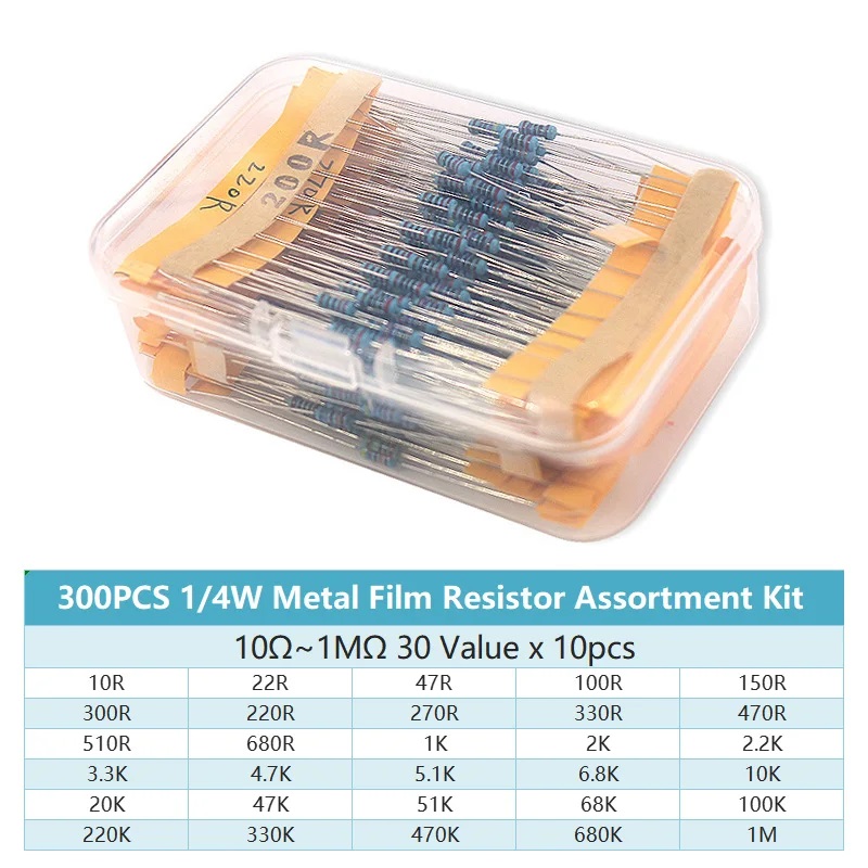 AliExpress 300/600PCS 1/4W Metal Film Resistor Kit Resistance 1% 30 values 10 Ohm ~1M 0.25w Resistors Set, view 4