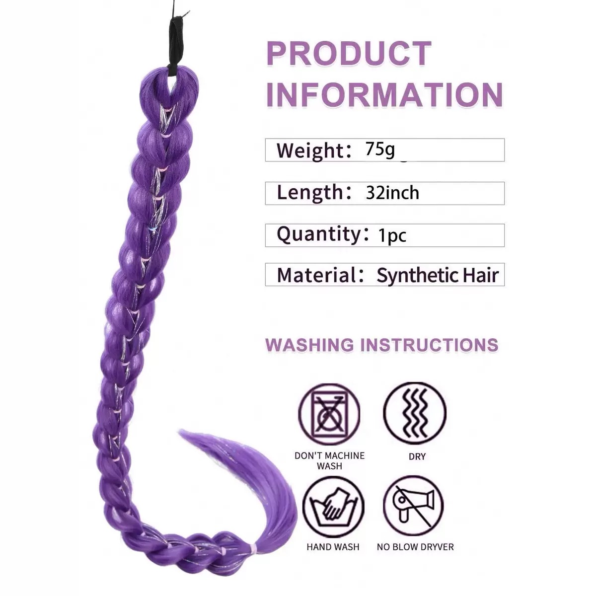 AliExpress 32 Inch Synthetic Purple Braided Wig Shimmering Metallic Kids Christmas Costume Hairpiece -Rumi Collection, view 2