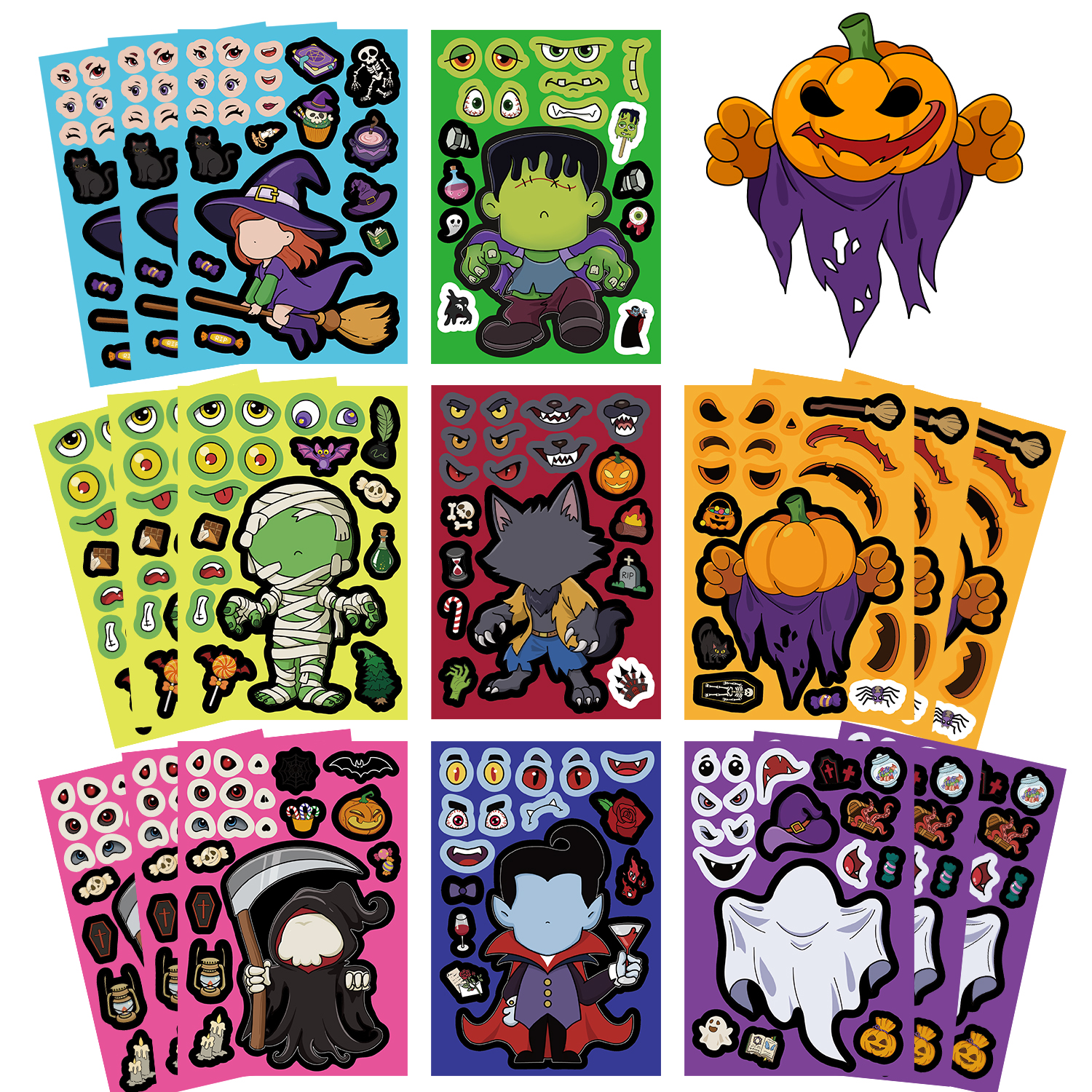 AliExpress 32Sheets Halloween Make a Face Puzzle PVC Sticker Kids Party Favors Gift Toy DIY Pumpkin Ghost Assemble Jigsaw Educational Game, view 6