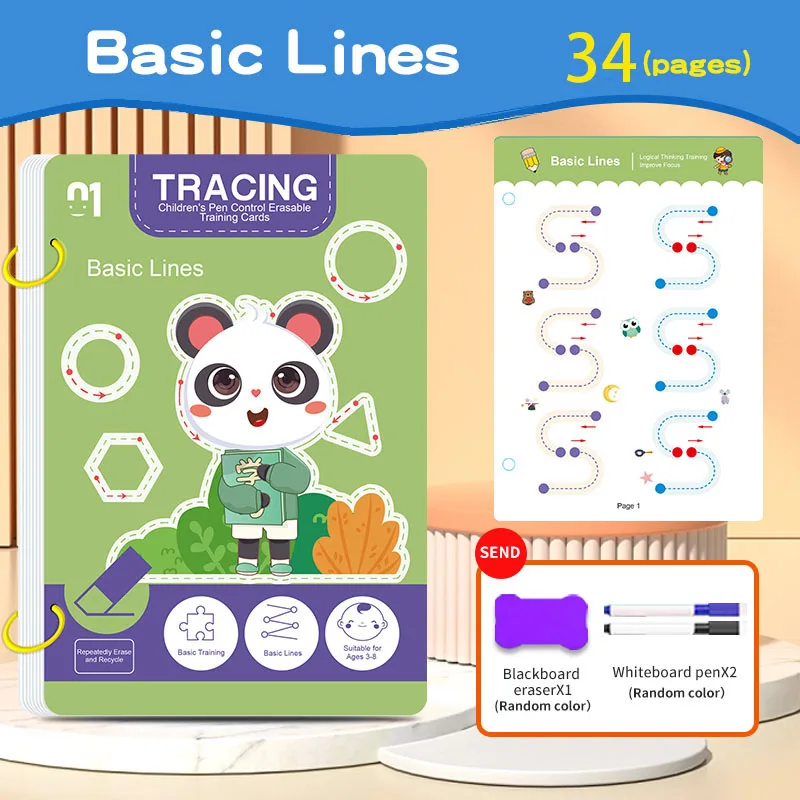 AliExpress 36-Page Reusable Kids Workbook with 2 Pens Eraser Erasable Stickers Drawing Writing Control Book New Year Christmas Gift, view 3