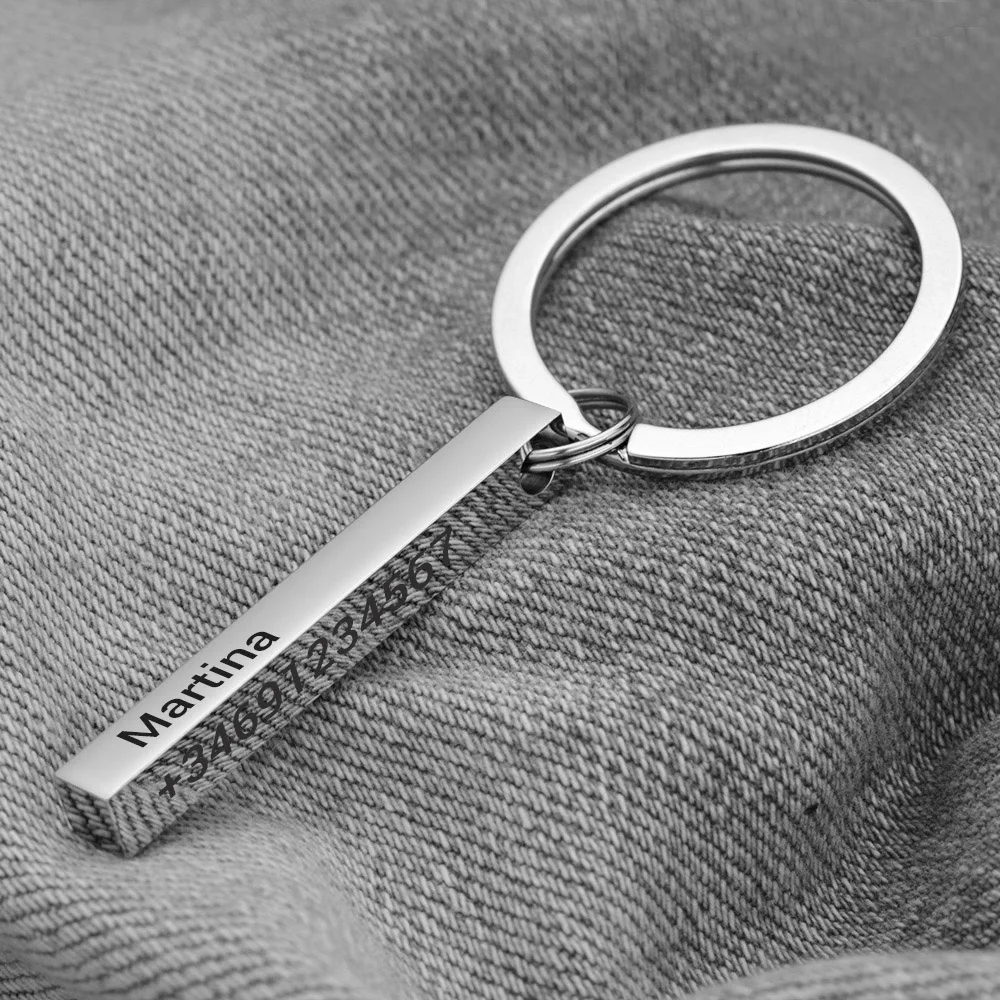 AliExpress 3D Bar Stainless Steel Personalize Keychains Engrave Text Name Date Logo Keyrings Customized Key Chain Rings Christmas Gift P039, view 3