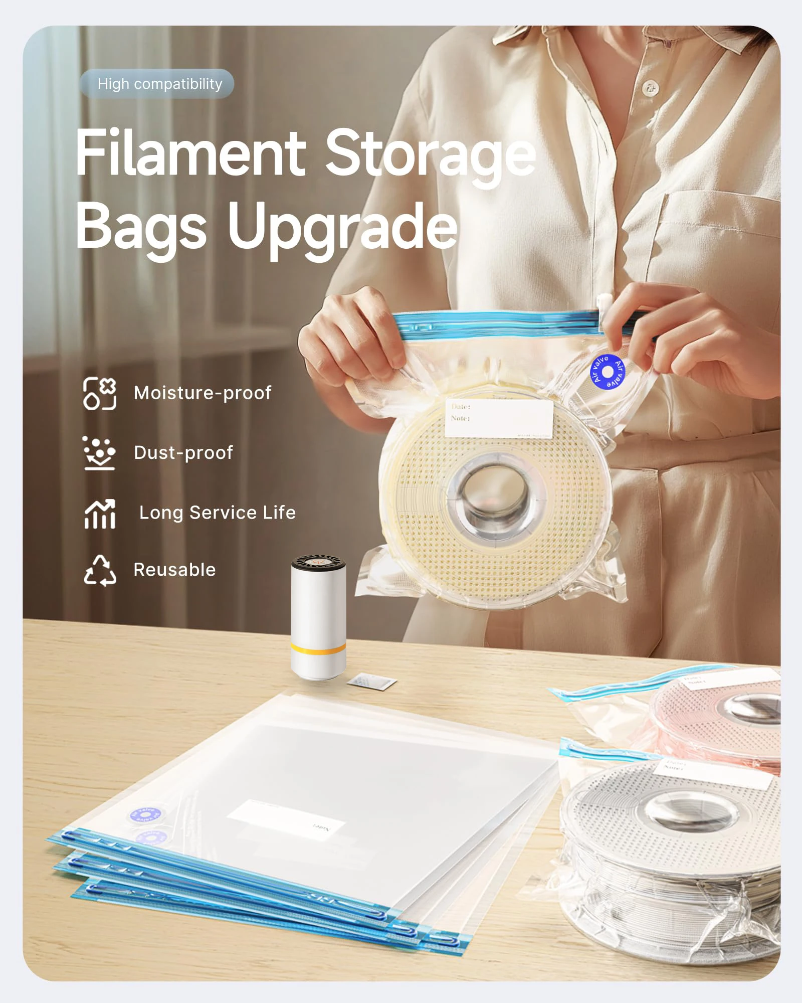 AliExpress 3D Printer Filament Vacuum Bag with USB Rechargeable Electric Air Pump, Vacuum Sealing for PLA ABS PETG Filament Storage, view 3