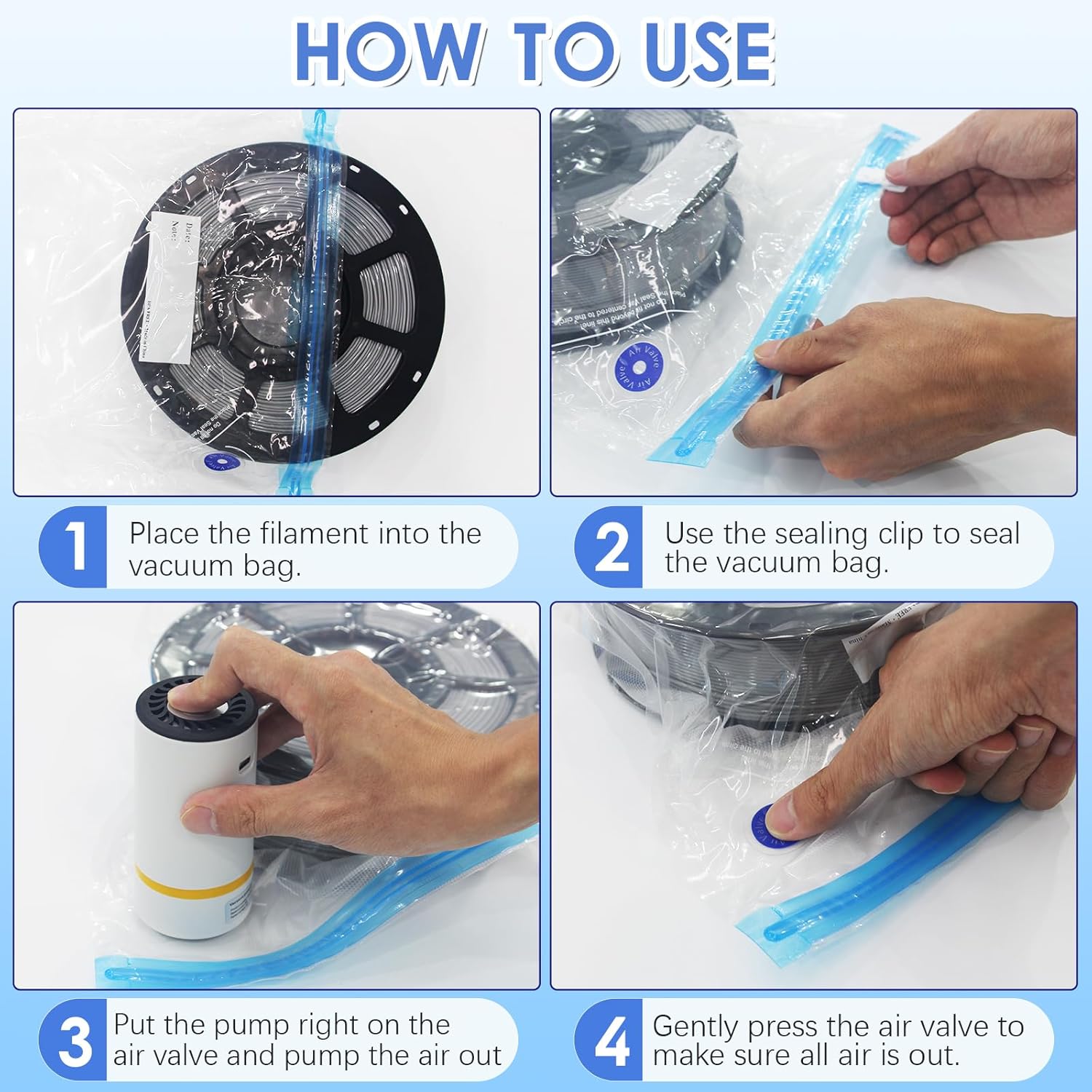AliExpress 3D Printer Filament Vacuum Storage Bags Kit with Pump Desiccants Clips Moisture Proof Sealed Bag for PLA ABS PETG Filament, view 4