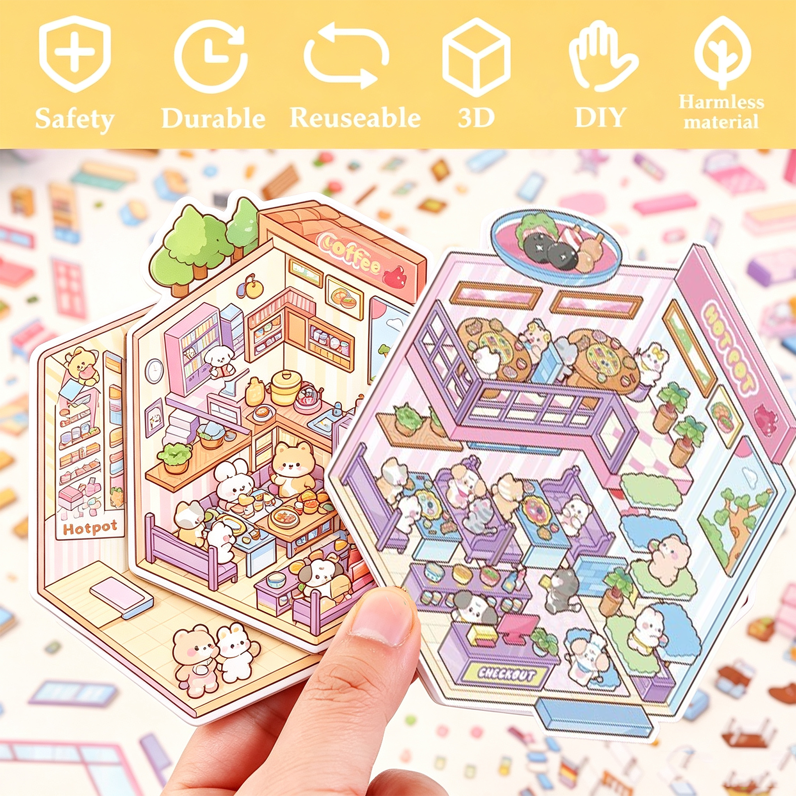 AliExpress 3D Scenes Stickers Book DIY Mini Room Visual Stacking Cartoonr Stickers Creative Kids Decorating Scrapbooking Accessories, view 2