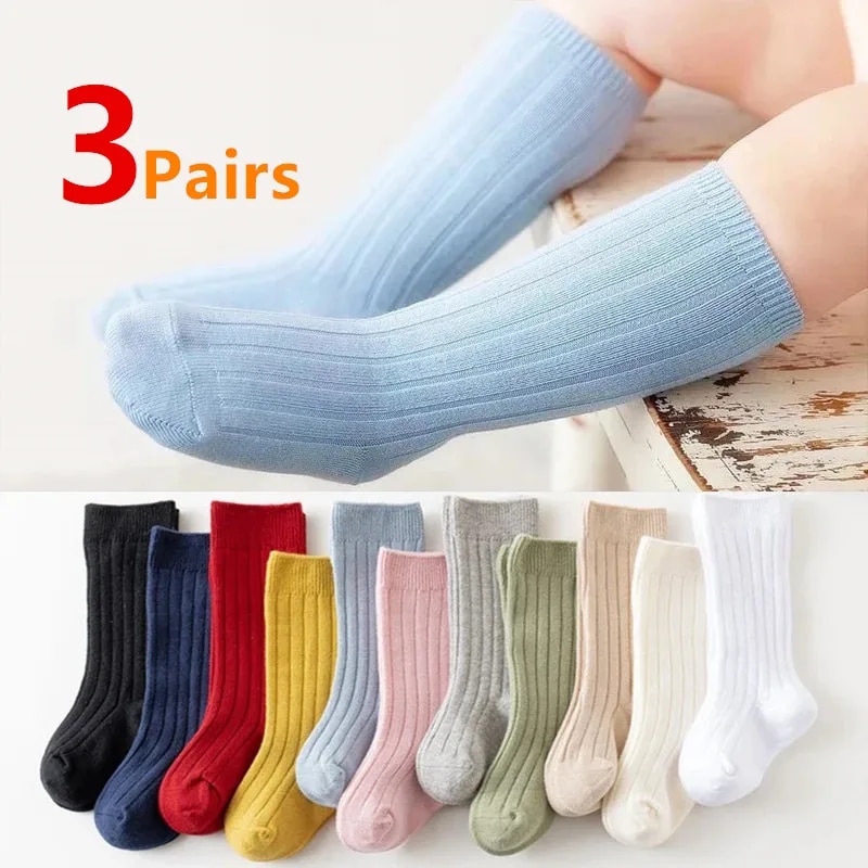 AliExpress 3Pairs/Lot Baby Knee High Socks Kids Girls Boys Soft Cotton Long Sock Cute Spanish Stripe Solid Children Socken For 0-8Years