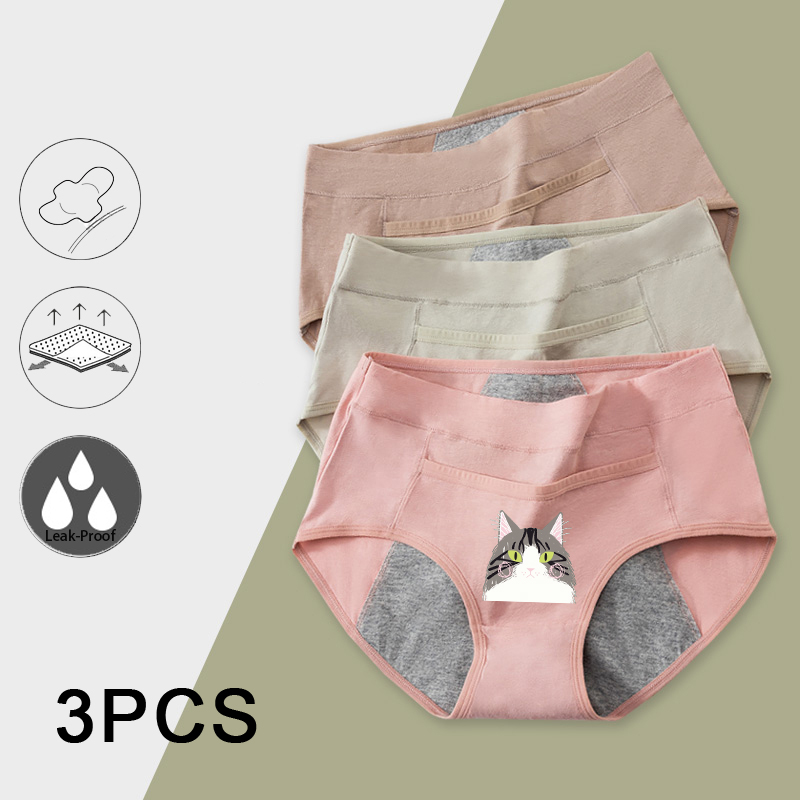 AliExpress 3PCS Cotton Menstrual Panties Leak Proof Breathable Cartoon cat Panties Woman Women Girls Physiological Pants Women's Intimates