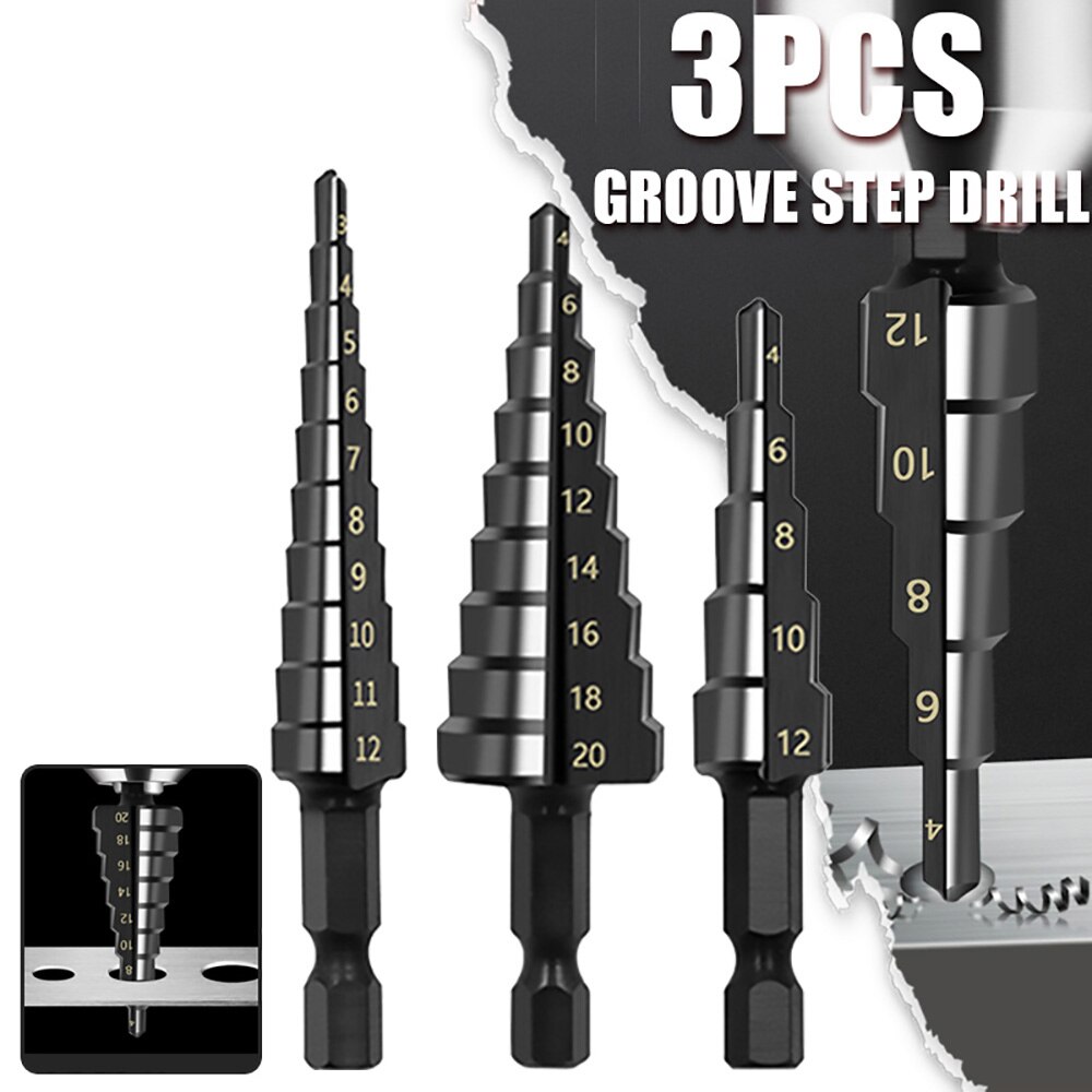 AliExpress 3Pcs HSS Straight Groove Step Drill Bit 3-12mm 4-12mm 4-20mm Nitride Black Hex Wood Metal Hole Cutter Core Drilling Tools Set