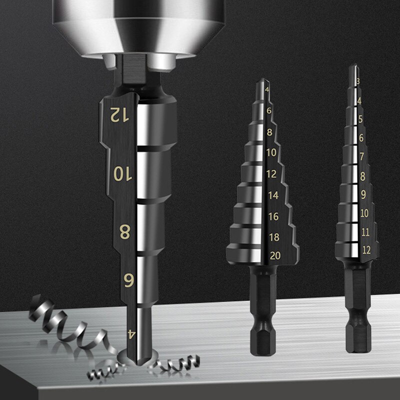 AliExpress 3Pcs HSS Straight Groove Step Drill Bit 3-12mm 4-12mm 4-20mm Nitride Black Hex Wood Metal Hole Cutter Core Drilling Tools Set, view 2