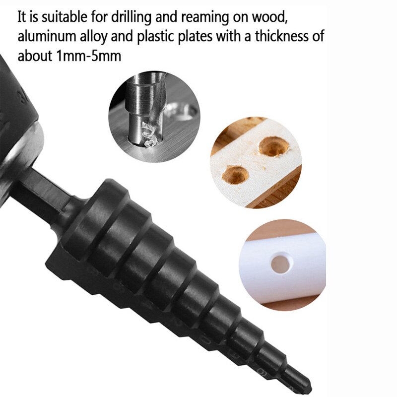 AliExpress 3Pcs HSS Straight Groove Step Drill Bit 3-12mm 4-12mm 4-20mm Nitride Black Hex Wood Metal Hole Cutter Core Drilling Tools Set, view 4