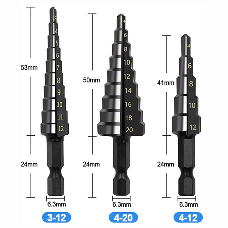 AliExpress 3Pcs HSS Straight Groove Step Drill Bit 3-12mm 4-12mm 4-20mm Nitride Black Hex Wood Metal Hole Cutter Core Drilling Tools Set, view 6