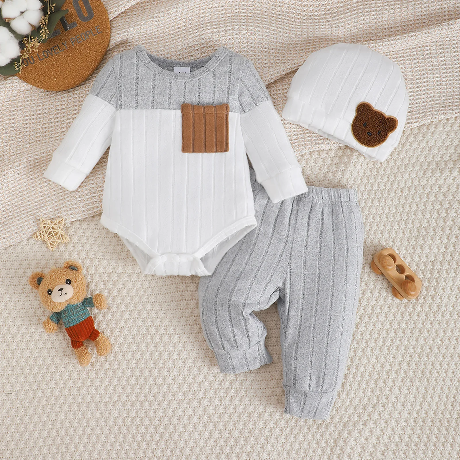 AliExpress 3Pcs/Set of Newborn Baby Boy Color Blocked Long Sleeved Bodysuit+Pants+Cute Hat Set 0-18 Months Baby Boy Spring and Autumn Set