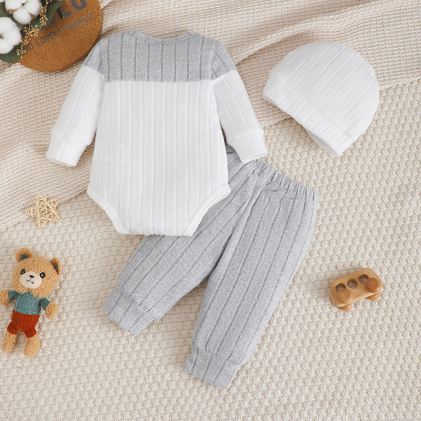 AliExpress 3Pcs/Set of Newborn Baby Boy Color Blocked Long Sleeved Bodysuit+Pants+Cute Hat Set 0-18 Months Baby Boy Spring and Autumn Set, view 2