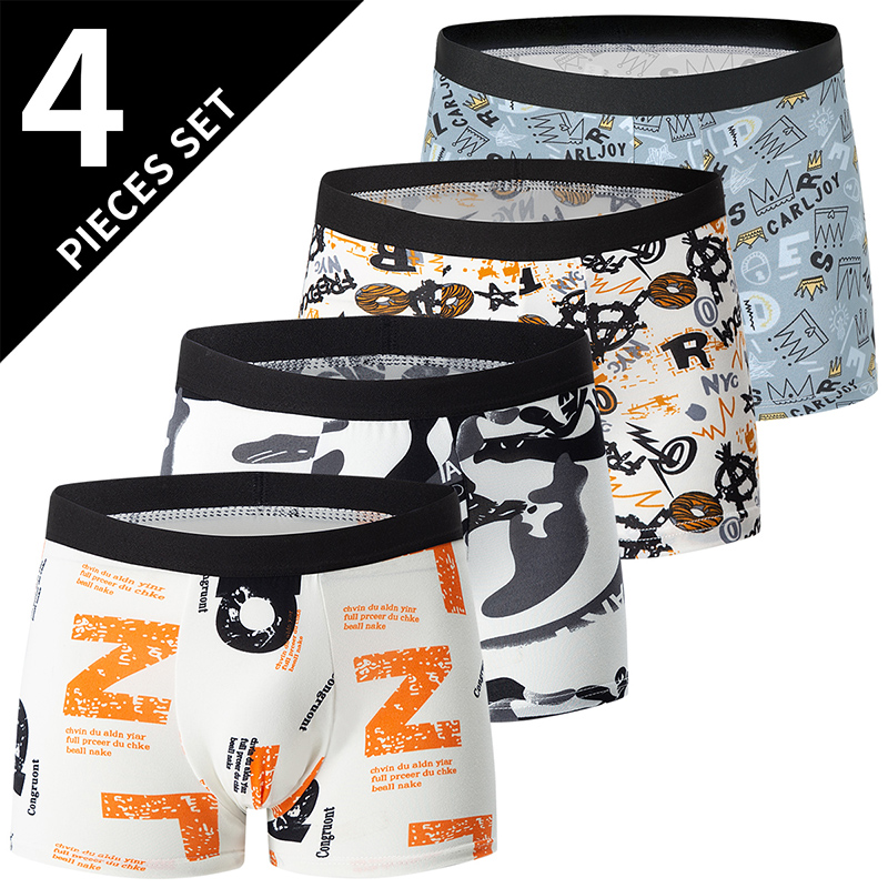 AliExpress 4/5Pcs European and American Size MEN'S Printed Fashion Boyshort Comfortable MEN'S Waist Plus Size Underwear Sexy Swimming Trunk, view 4