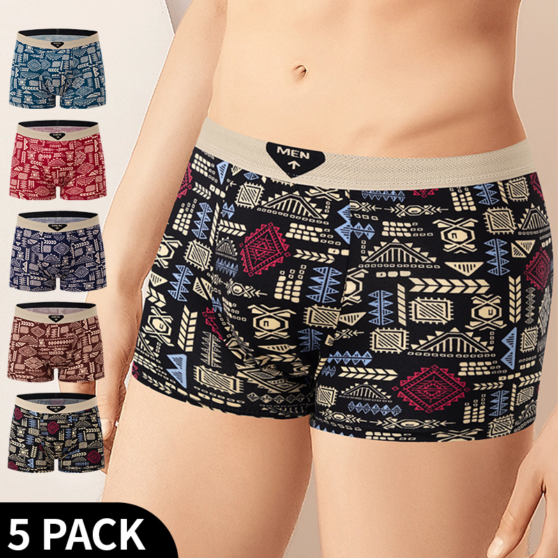 AliExpress 4/5Pcs European and American Size MEN'S Printed Fashion Boyshort Comfortable MEN'S Waist Plus Size Underwear Sexy Swimming Trunk, view 5