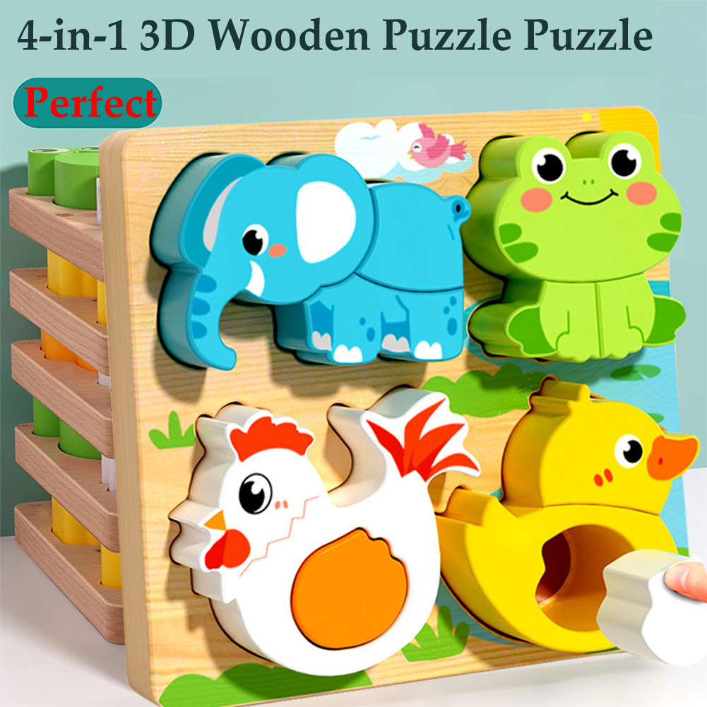 AliExpress 4-in-1 Wooden Toys 3D Wood Puzzle Cartoon Animals Cognitive Jigsaw Puzzle Early Learning Educational Toys For Children Gift