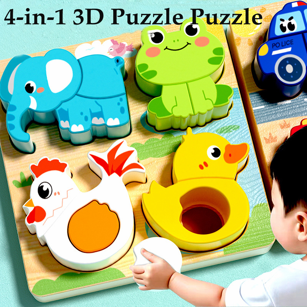 AliExpress 4-in-1 Wooden Toys 3D Wood Puzzle Cartoon Animals Cognitive Jigsaw Puzzle Early Learning Educational Toys For Children Gift, view 4