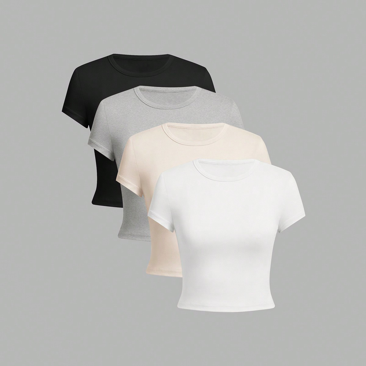AliExpress 4 Pieces Solid Color Basic Short-Sleeved Tight-Fitting T-Shirt for Women's Casual Summer Minimalist Women's Style Top O-Neck