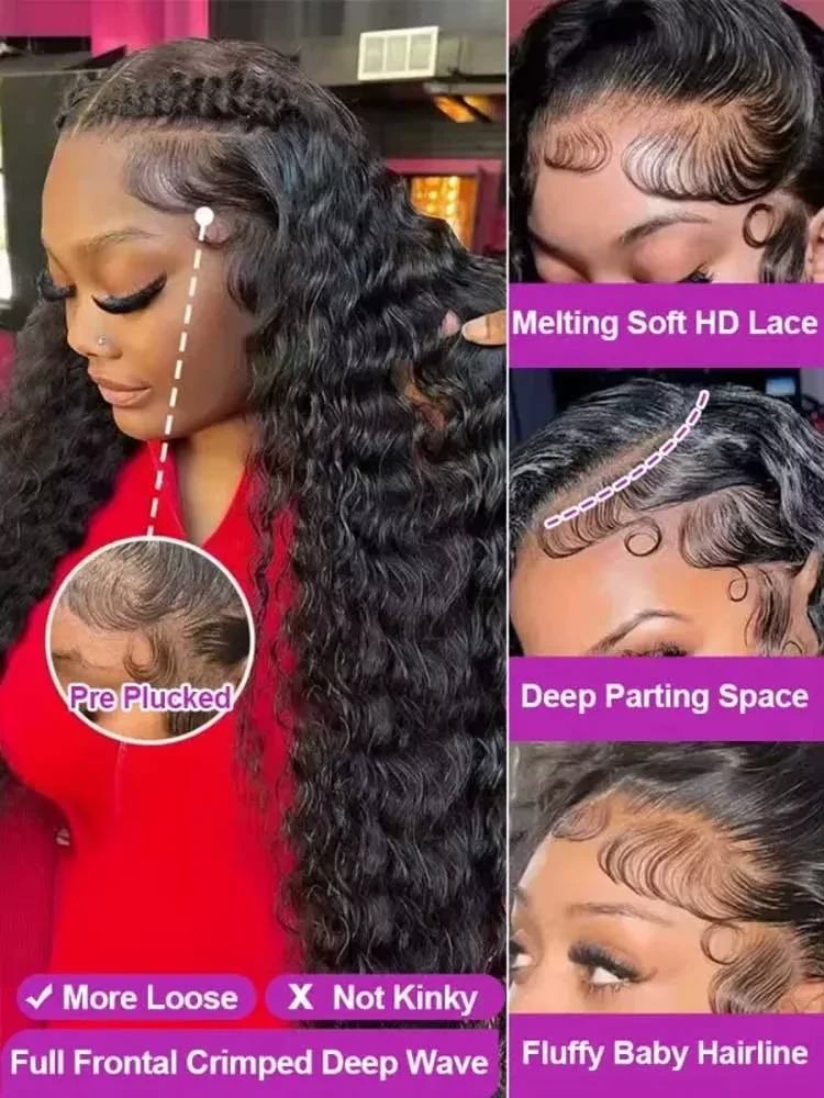 AliExpress 40 Inch Deep Wave Lace Front Wig Human Hair 13x4 13x6 250 Density Transparent Water Wave Curly Wig for Women, view 3