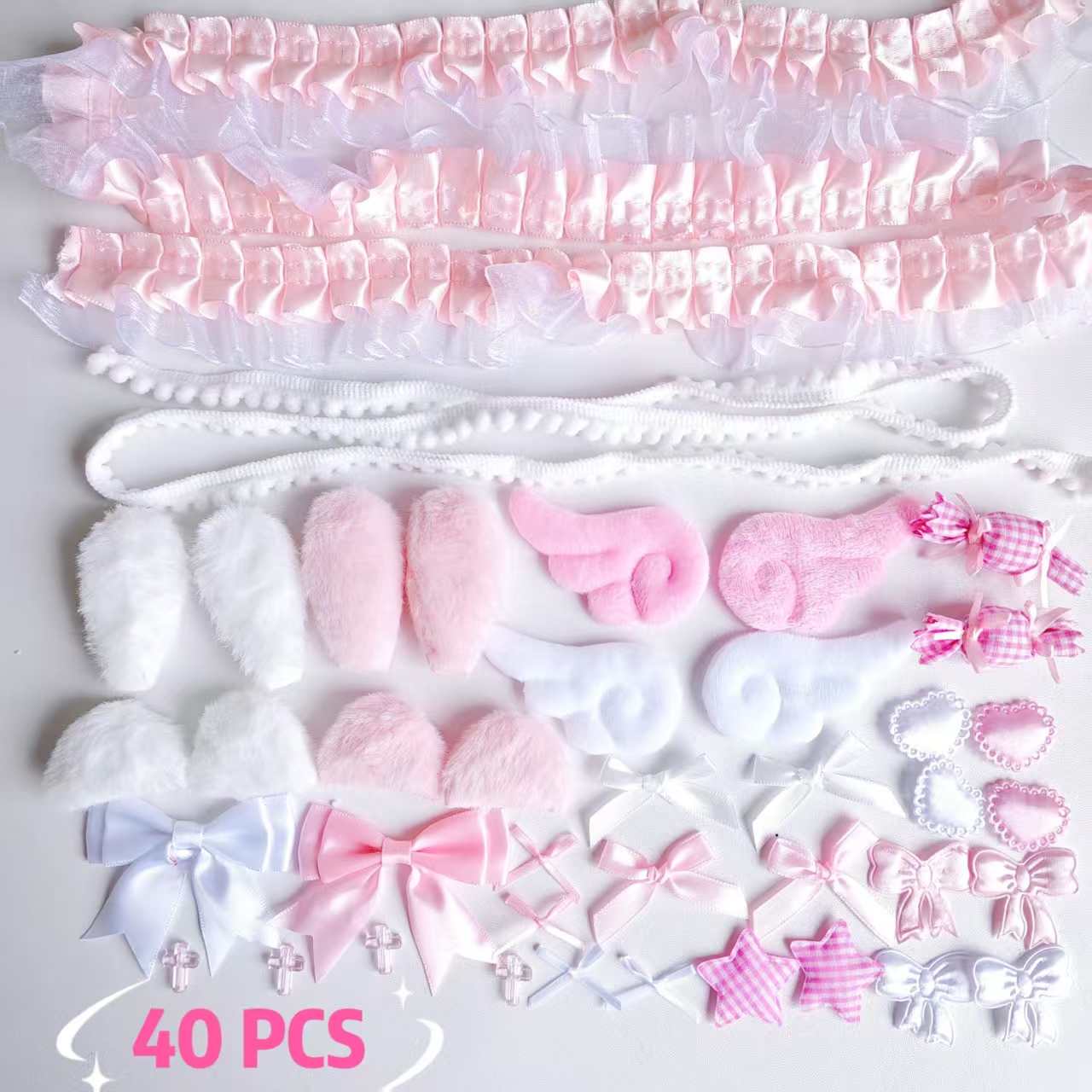 AliExpress 40 Pieces of Lace Handmade Material Kit, Lace Plush Bunny Ears, Angel Wings Accessories, Clothing Accessories, Heart and Star Set