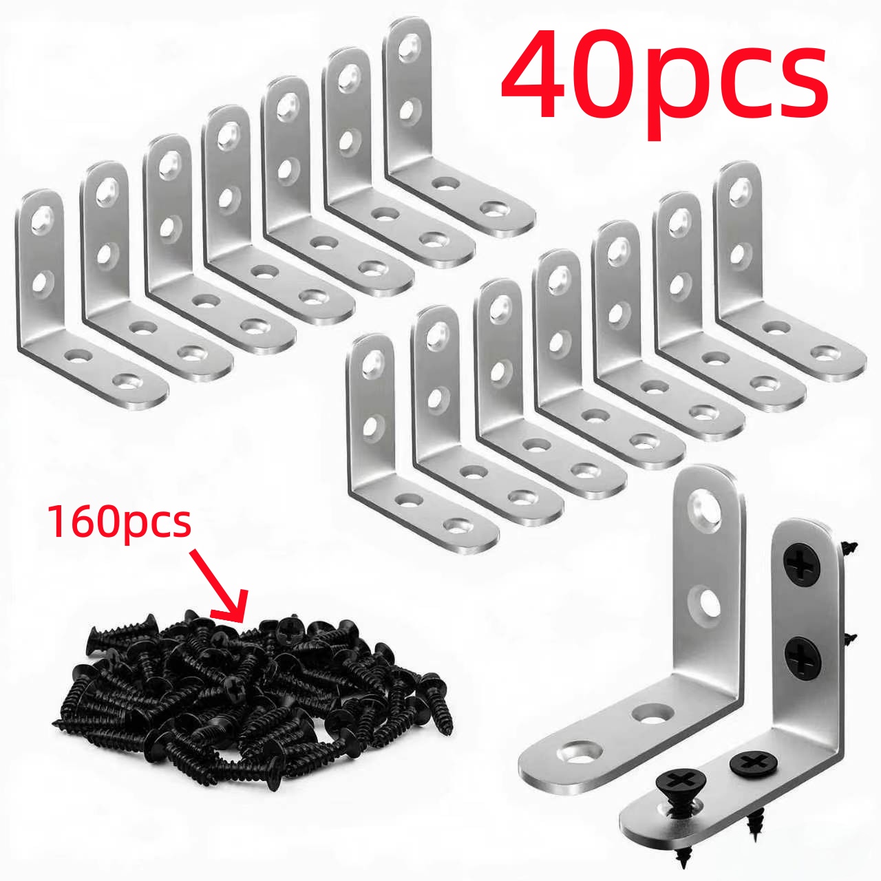 AliExpress 40PCS Stainless Steel L Brackets with 160 Screws,90° Right Angle Corner Braces,Heavy Duty Shelf Supports for Wood Furniture