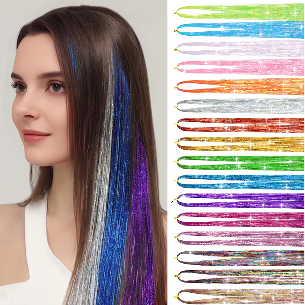AliExpress 48inch Shiny Sparkle Hair Tinsel Kit Rainbow Women Colorful Glitter Bling Hair Extension Twinkle Hair Dazzles Accessories for