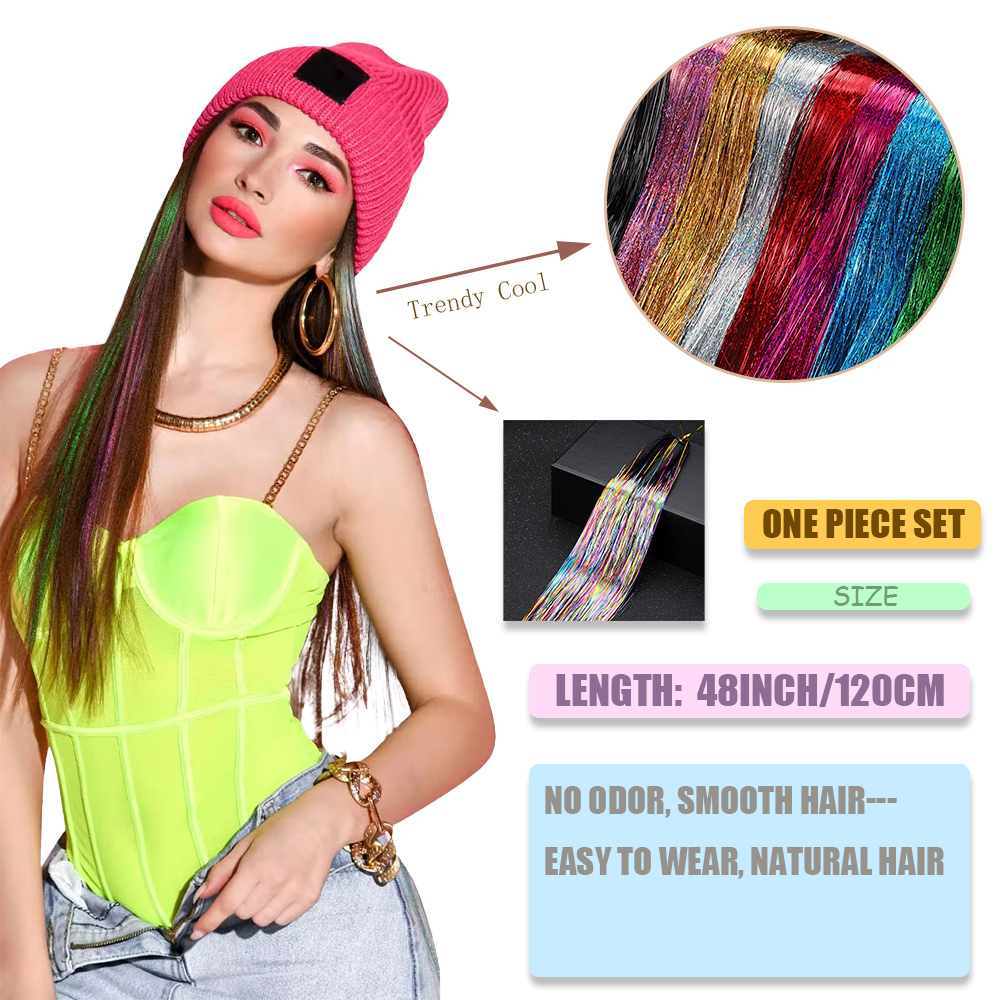 AliExpress 48inch Shiny Sparkle Hair Tinsel Kit Rainbow Women Colorful Glitter Bling Hair Extension Twinkle Hair Dazzles Accessories for, view 4
