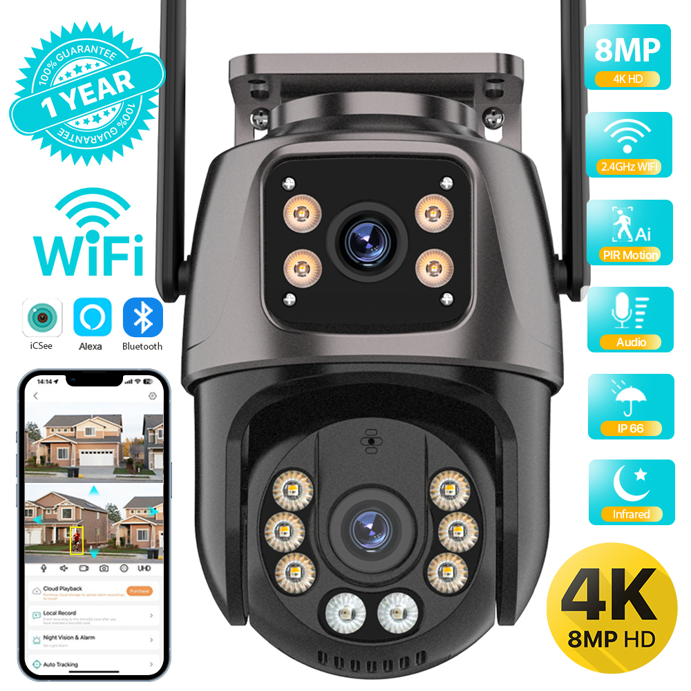 AliExpress 4K 8MP HD Wifi PTZ Camera Outdoor 4MP Dual Lens Dual Screen AI Auto Tracking IP Camera CCTV Audio Video Surveillance P2P iCSee