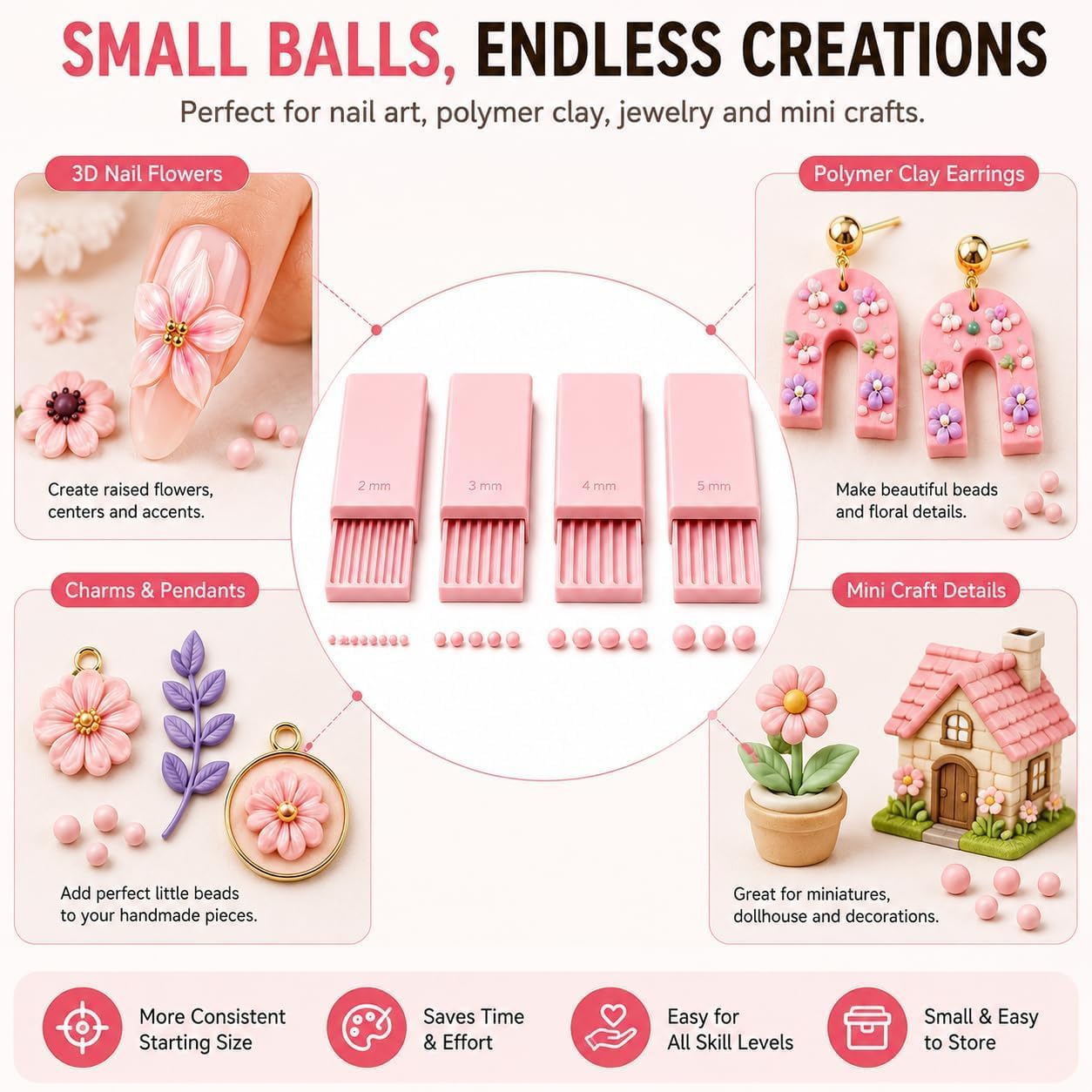 AliExpress 4PCS 3D Print Clay Gel Ball Maker Tool, Nail Art Bead Roller for 3D Gel Flowers | Polymer Clay Roller 2mm 3mm 4mm 5mm, view 3