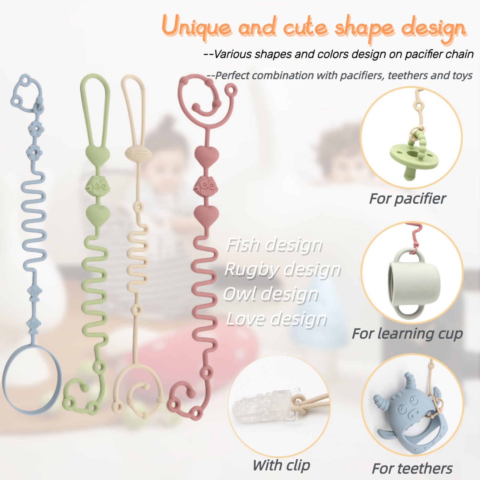 AliExpress 4pcs Adjustable Silicone Pacifier Chain, Teether Toys, Suitable for High Chair, Crib, Baby Gifts,beige, view 3