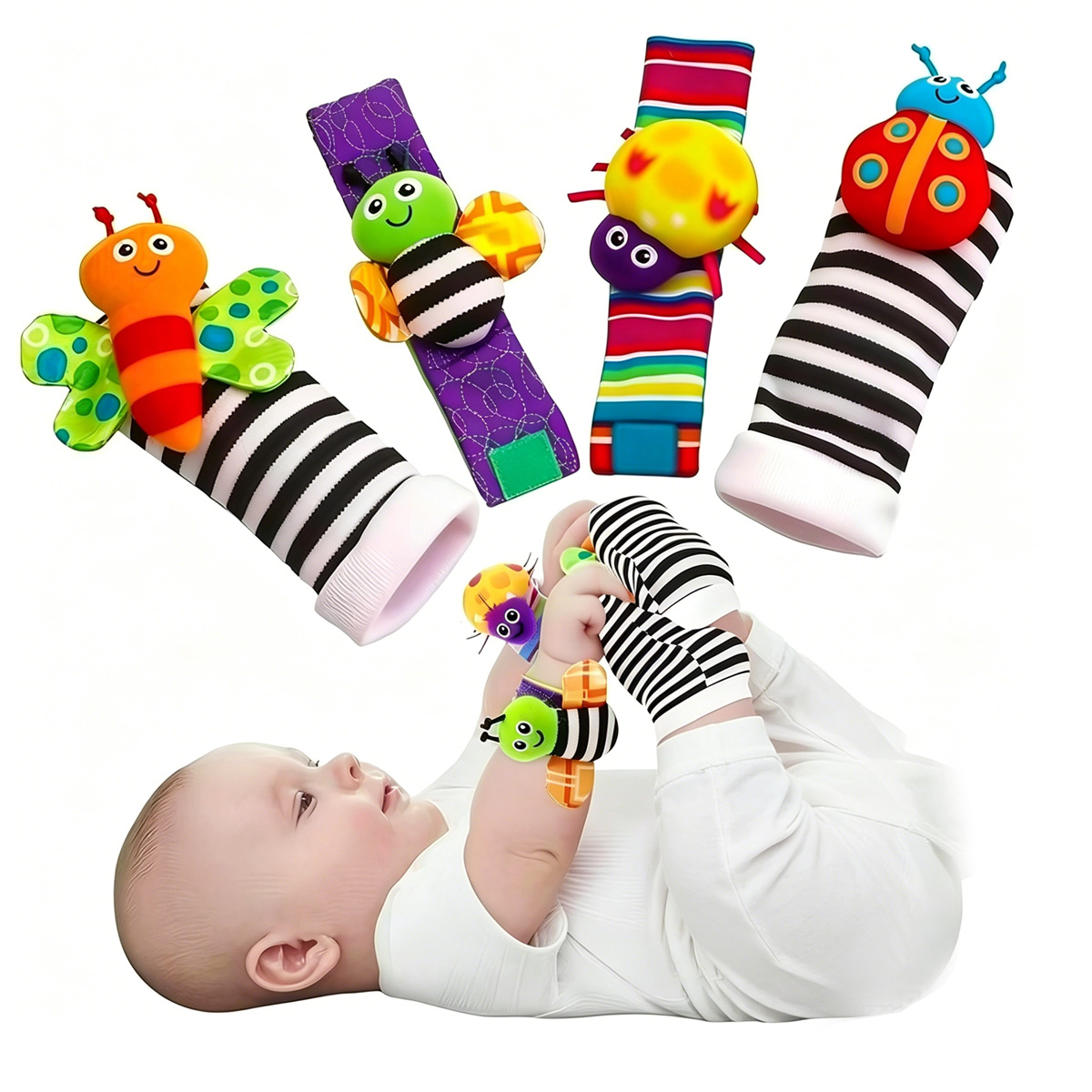 AliExpress 4pcs Baby Rattle Toys Cute Stuffed Animals Wrist Rattle Foot Finder Socks 0~24 Months for Infant Boy Girl Newborn Gift