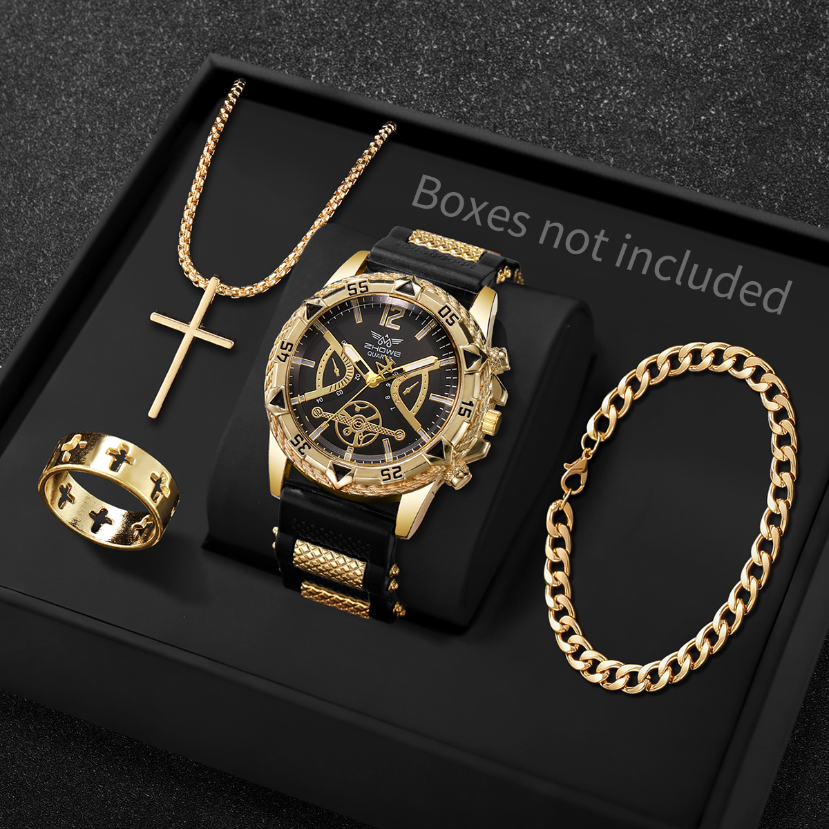 AliExpress 4PCS Fashion Arabic Dial Men Business Quartz Watch CasuSilicone Strap Wristwatch With Necklace Set Reloj Hombre (Without Box)