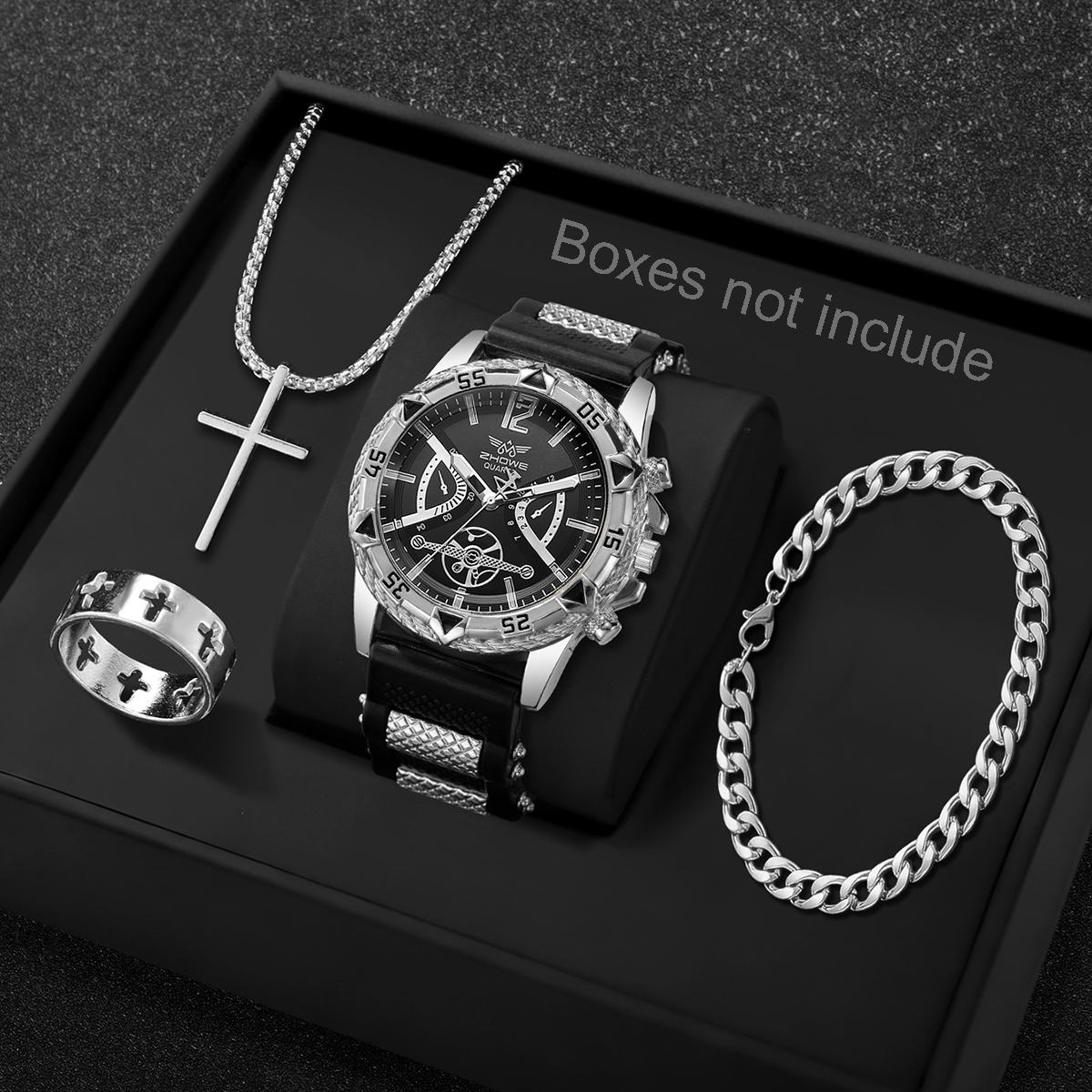 AliExpress 4PCS Fashion Arabic Dial Men Business Quartz Watch CasuSilicone Strap Wristwatch With Necklace Set Reloj Hombre (Without Box), view 2