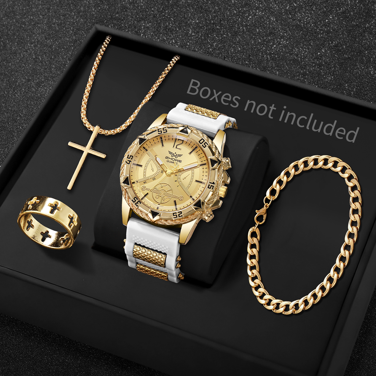 AliExpress 4PCS Fashion Arabic Dial Men Business Quartz Watch CasuSilicone Strap Wristwatch With Necklace Set Reloj Hombre (Without Box), view 3