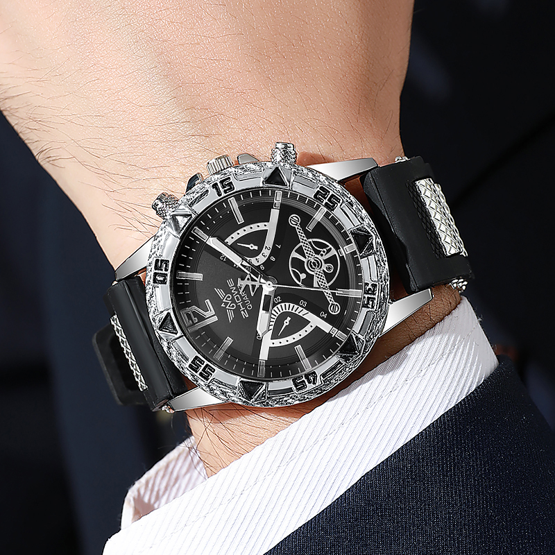 AliExpress 4PCS Fashion Arabic Dial Men Business Quartz Watch CasuSilicone Strap Wristwatch With Necklace Set Reloj Hombre (Without Box), view 5