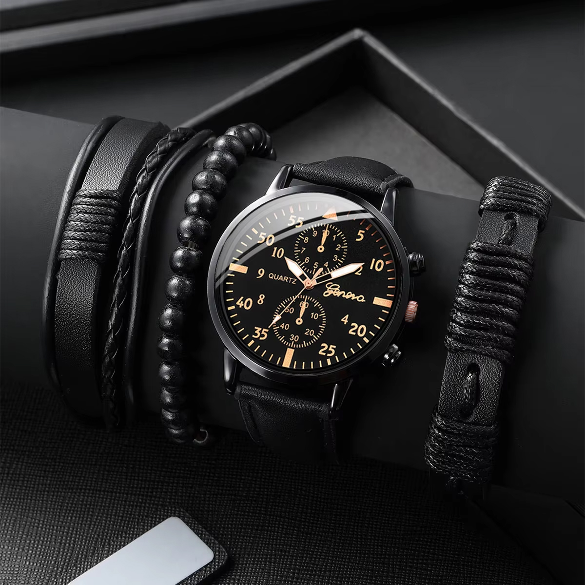 AliExpress 4-Piece Men's Leather Band Quartz Watch Set, view 2