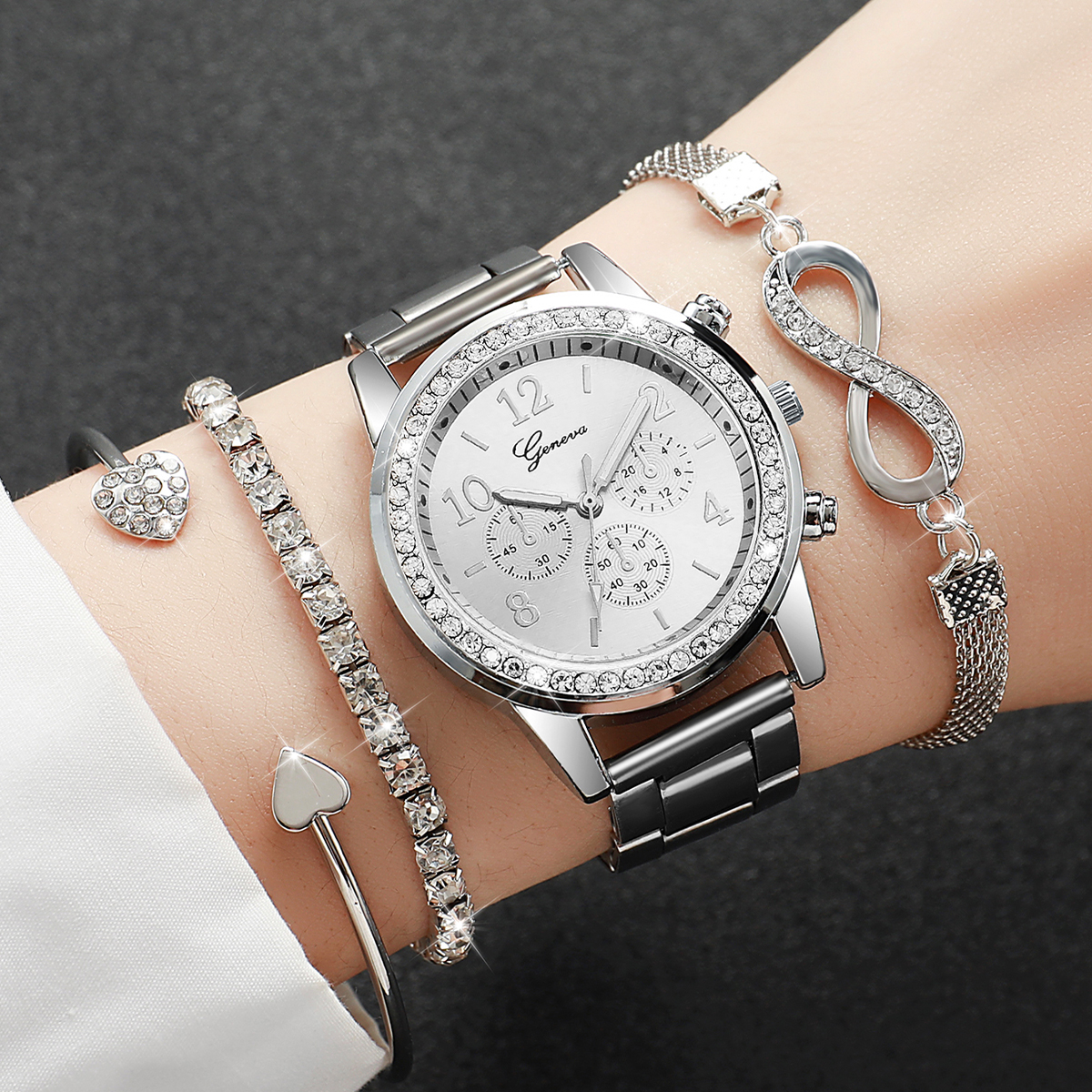 AliExpress 4-Piece Women's Rhinestone Steel Band Watch Set, view 3