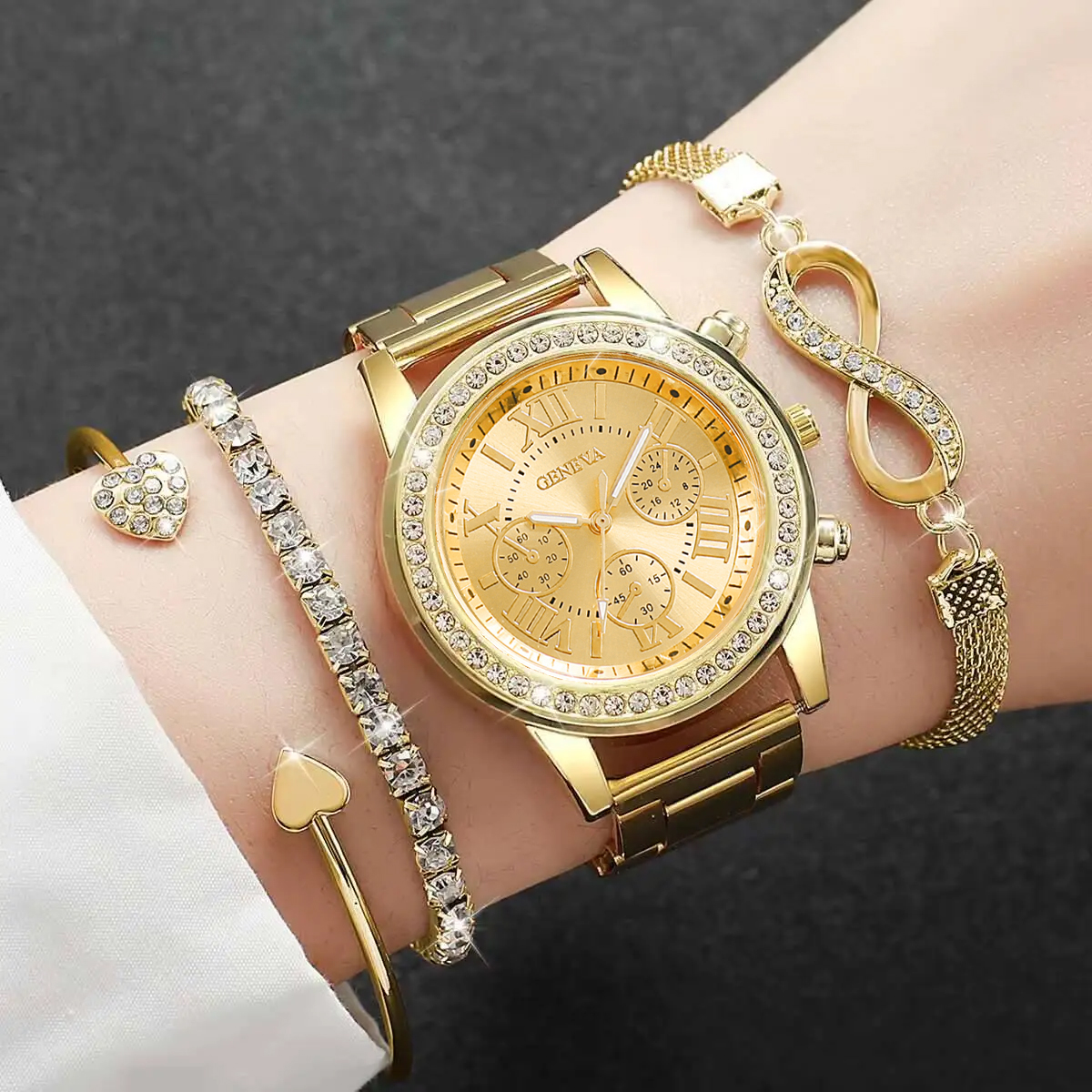 AliExpress 4-Piece Women's Rhinestone Steel Band Watch Set, view 4