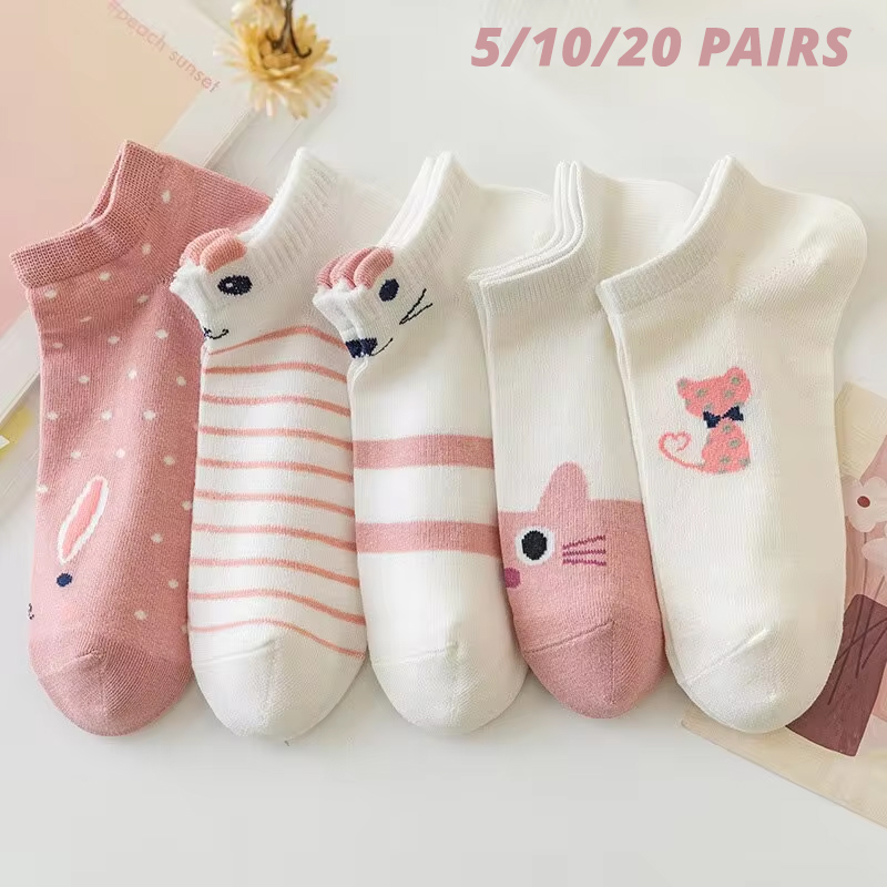 AliExpress 5/10/20 Pairs Women's Short Tube Socks Pink Cat Thin Four Seasons Cute Boat Sockslow Top Ins Trendy Socks