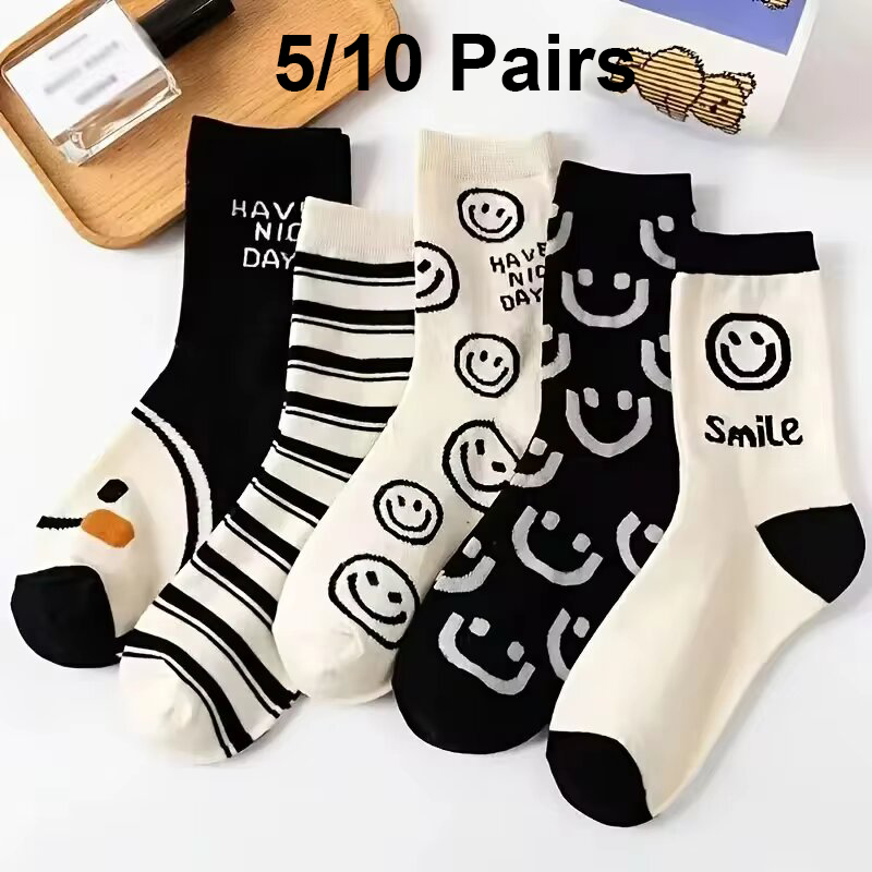 AliExpress 5/10 Pairs Happy Face Crew Socks , Cartoon Cat Breathable Cotton Mid Tube Socks, Women's Stockings & Hosiery