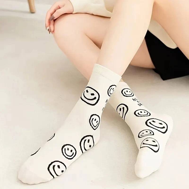 AliExpress 5/10 Pairs Happy Face Crew Socks , Cartoon Cat Breathable Cotton Mid Tube Socks, Women's Stockings & Hosiery, view 2