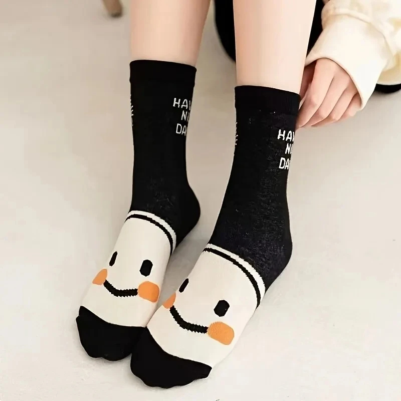 AliExpress 5/10 Pairs Happy Face Crew Socks , Cartoon Cat Breathable Cotton Mid Tube Socks, Women's Stockings & Hosiery, view 5