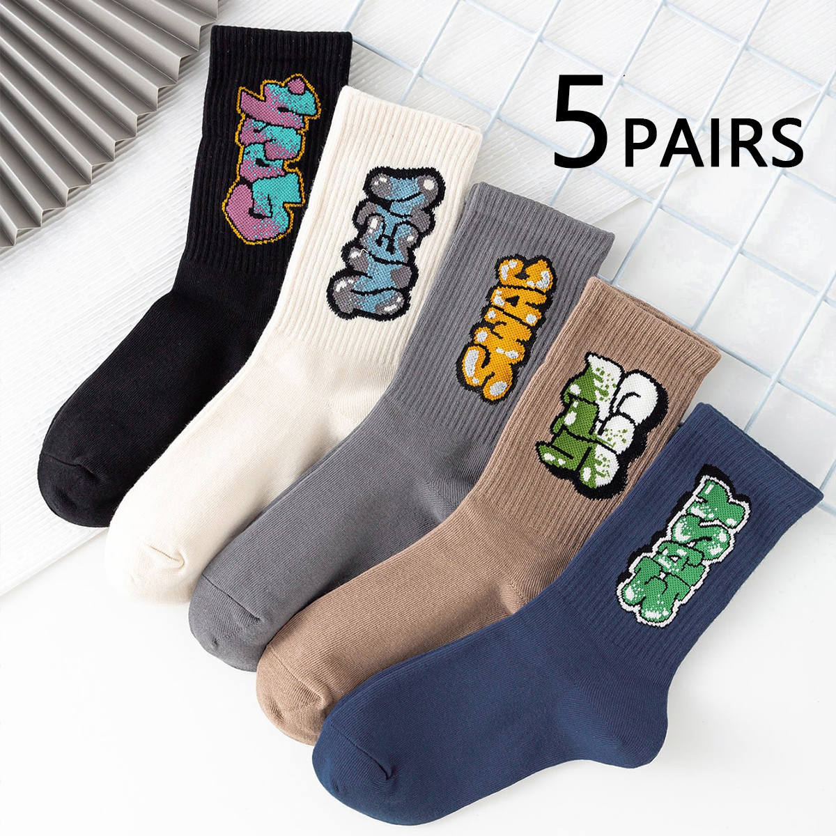 AliExpress 5/10 Pairs Men's Multicolour Crew Socks, Graffiti Lettering, Street Style, Unique, Comfortable, Breathable, Moisture-Wicking