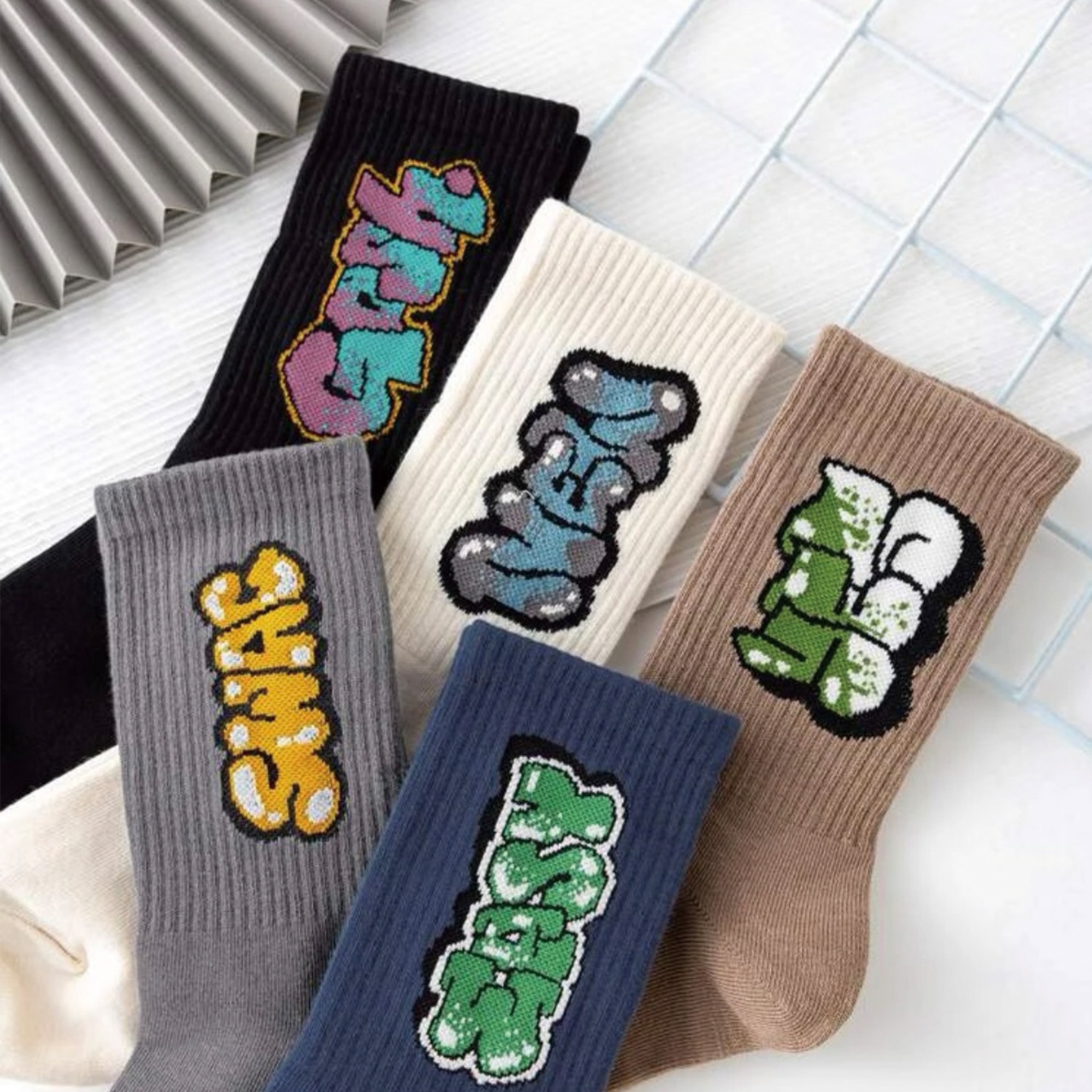 AliExpress 5/10 Pairs Men's Multicolour Crew Socks, Graffiti Lettering, Street Style, Unique, Comfortable, Breathable, Moisture-Wicking, view 3